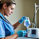 ** A nurse carefully inspecting an infusion pump before use, ensuring it is clean and calibrated. Other essential materials like gloves and sanitizer are readily available in the background.

**