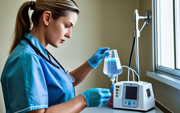 ** A nurse carefully inspecting an infusion pump before use, ensuring it is clean and calibrated. Other essential materials like gloves and sanitizer are readily available in the background.
**