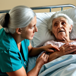 **

A nurse holding the hand of a scared elderly woman in a hospital bed. Show empathy and compassion.

**