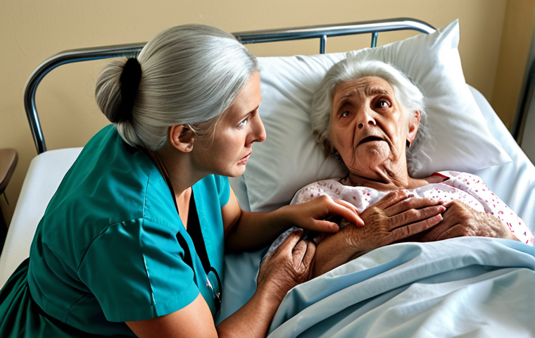 **
A nurse holding the hand of a scared elderly woman in a hospital bed. Show empathy and compassion.
**