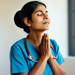 A professional female nurse of Indian descent, in modest, comfortable leisure attire, fully clothed, practicing mindful breathing with eyes softly closed in a serene, sunlit room. The setting conveys peace and self-care. Perfect anatomy, correct proportions, natural pose, well-formed hands, proper finger count, natural body proportions. Professional photography, soft natural lighting, high resolution, safe for work, appropriate content, modest clothing, family-friendly.