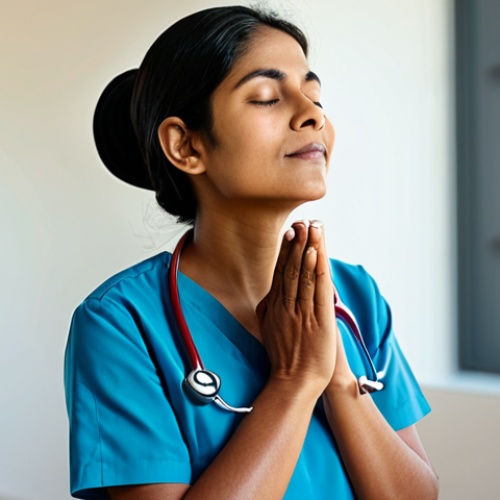 A professional female nurse of Indian descent, in modest, comfortable leisure attire, fully clothed, practicing mindful breathing with eyes softly closed in a serene, sunlit room. The setting conveys peace and self-care. Perfect anatomy, correct proportions, natural pose, well-formed hands, proper finger count, natural body proportions. Professional photography, soft natural lighting, high resolution, safe for work, appropriate content, modest clothing, family-friendly.