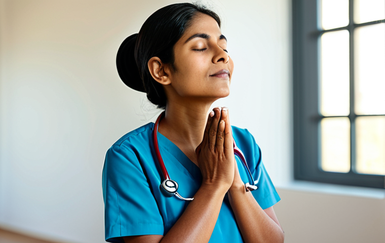 A professional female nurse of Indian descent, in modest, comfortable leisure attire, fully clothed, practicing mindful breathing with eyes softly closed in a serene, sunlit room. The setting conveys peace and self-care. Perfect anatomy, correct proportions, natural pose, well-formed hands, proper finger count, natural body proportions. Professional photography, soft natural lighting, high resolution, safe for work, appropriate content, modest clothing, family-friendly.