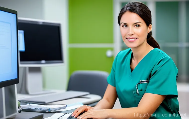 간호사 경력 단절 후 복귀 방법 - **Prompt: Focused Nurse in EMR Refresher Course**
A female nurse in her late 30s, with a warm, d...