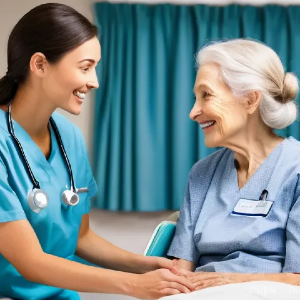 간호사 직업 만족도와 현실 - **Prompt:** A compassionate female nurse, mid-30s, with a warm smile and kind eyes, gently holding t...