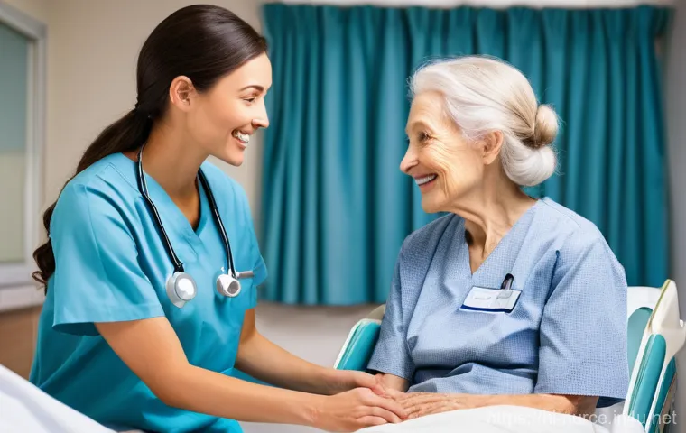 간호사 직업 만족도와 현실 - **Prompt:** A compassionate female nurse, mid-30s, with a warm smile and kind eyes, gently holding t...