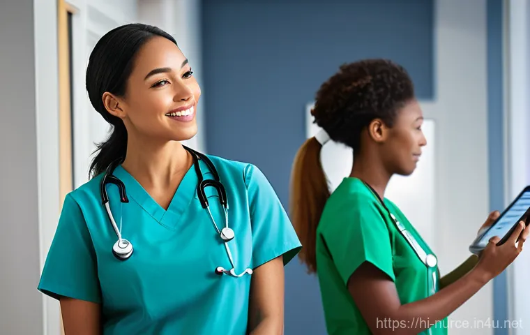 간호사 직업 만족도와 현실 - **Prompt:** A compassionate female nurse, mid-30s, with a warm smile and kind eyes, gently holding t...