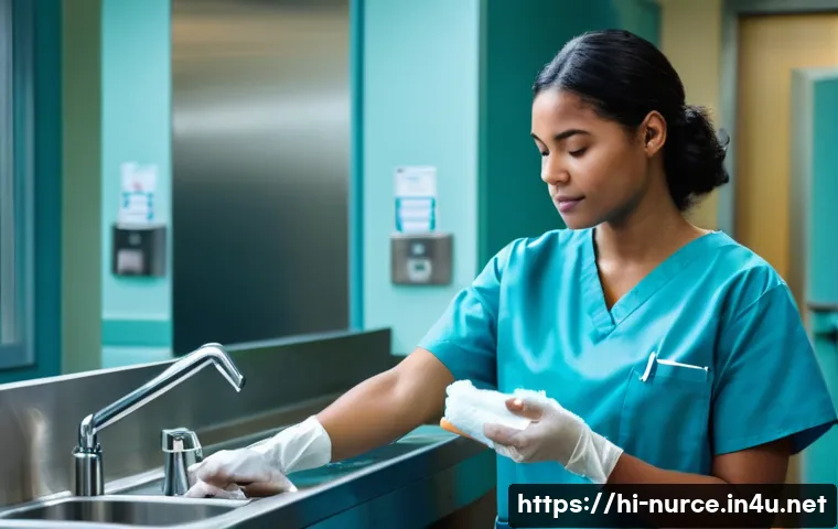 간호사 업무 중 발생하는 감염 예방 - **Prompt:** A focused, eye-level shot of a female nurse, wearing a clean, light blue medical scrub u...