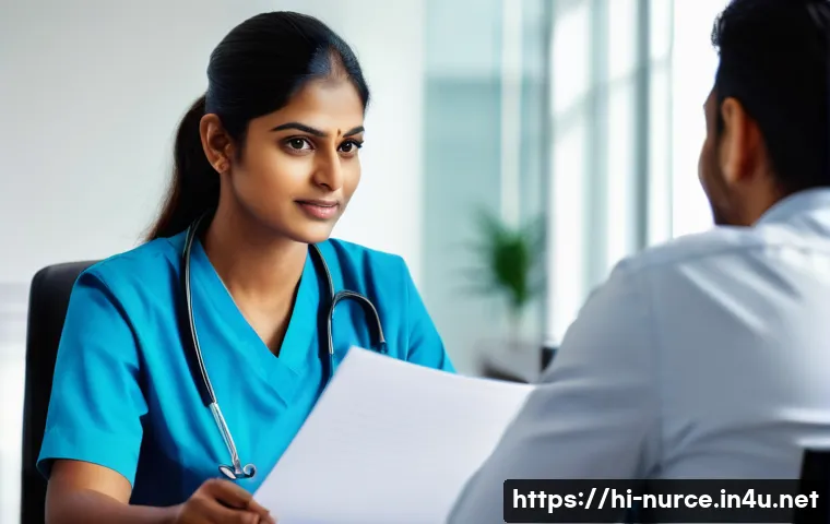 간호사의 연봉 협상 실패 사례 분석 - A confident Indian female nurse in professional attire, sitting across a manager in a modern office ...