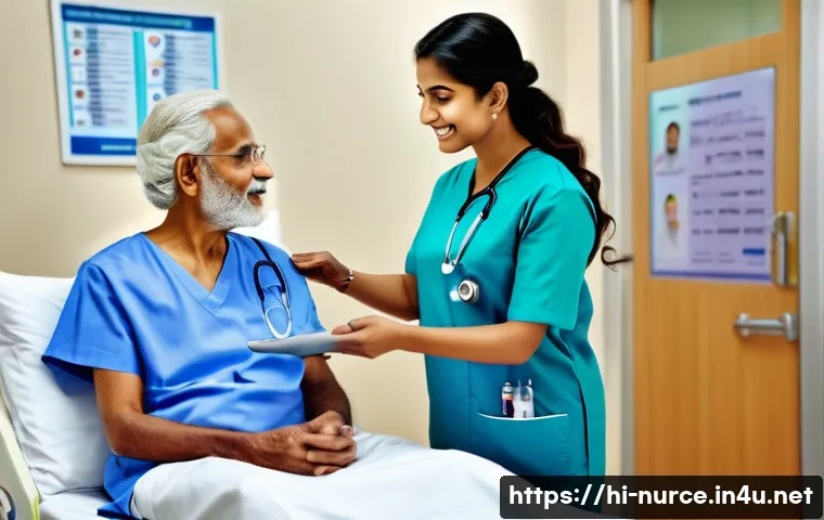 간호사로서의 문화적 민감성 - A compassionate Indian female nurse wearing professional scrubs and a stethoscope, attentively commu...