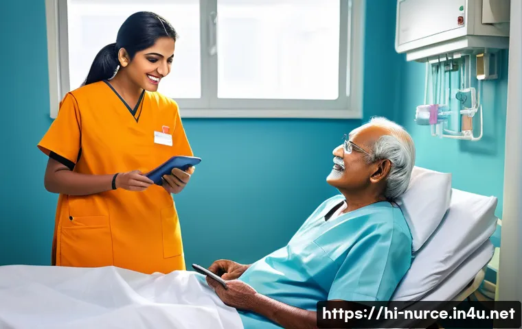 간호사의 직무 분석 및 향상 전략 - A compassionate Hindi-speaking nurse attentively listening to an elderly male patient’s personal hea...