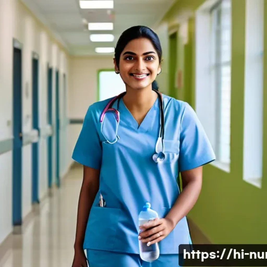 간호사 건강관리 팁 - A professional Indian female nurse in modest, clean white scrubs and comfortable shoes, taking a sho...