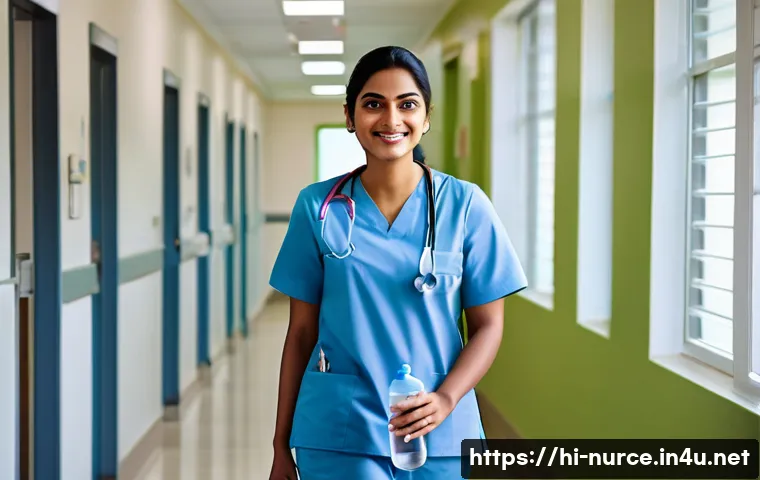 간호사 건강관리 팁 - A professional Indian female nurse in modest, clean white scrubs and comfortable shoes, taking a sho...