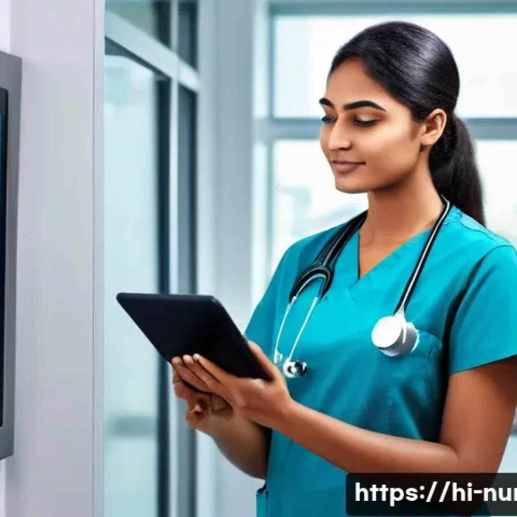 간호사 신규 채용 트렌드 - A professional Indian nurse wearing modern nursing scrubs and a name badge, confidently using a touc...