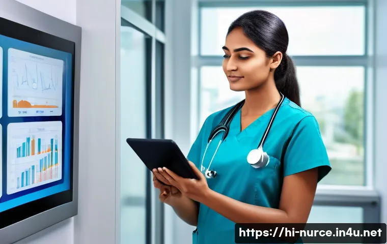 간호사 신규 채용 트렌드 - A professional Indian nurse wearing modern nursing scrubs and a name badge, confidently using a touc...