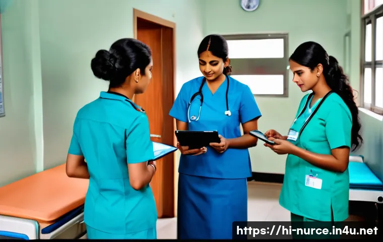 간호사 업무 중 잦은 실수와 해결법 - A busy hospital ward scene showing a diverse group of Hindi-speaking nurses in professional uniforms...