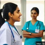 Home 19 간호사 이직 후 새 병원 적응기 - A confident female nurse of Indian descent in a modern hospital setting, wearing professional nursin...