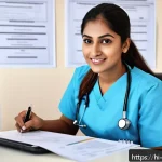 Home 23 간호사의 해외 취업 준비 과정 - A confident Indian female nurse in professional nursing scrubs and a stethoscope around her neck, si...