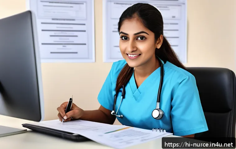간호사의 해외 취업 준비 과정 - A confident Indian female nurse in professional nursing scrubs and a stethoscope around her neck, si...