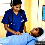 간호사와 간호조무사의 차이 - Photorealistic Indian hospital ward, a registered nurse in clean navy scrubs independently assessing...