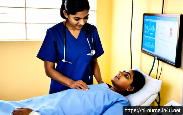 간호사와 간호조무사의 차이 - Photorealistic Indian hospital ward, a registered nurse in clean navy scrubs independently assessing...