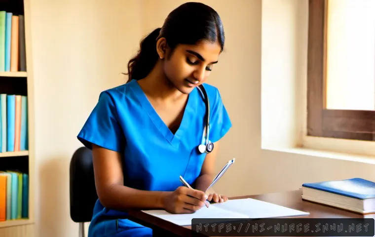 간호사 자격증 취득 가이드 - Photorealistic Indian nursing student in neat blue scrubs sitting at a bright home study desk, revie...