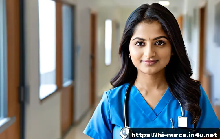 Home 17 간호사 자격증 종류와 활용 - Photorealistic Indian female nurse in neat blue scrubs and ID badge without readable details, standi...